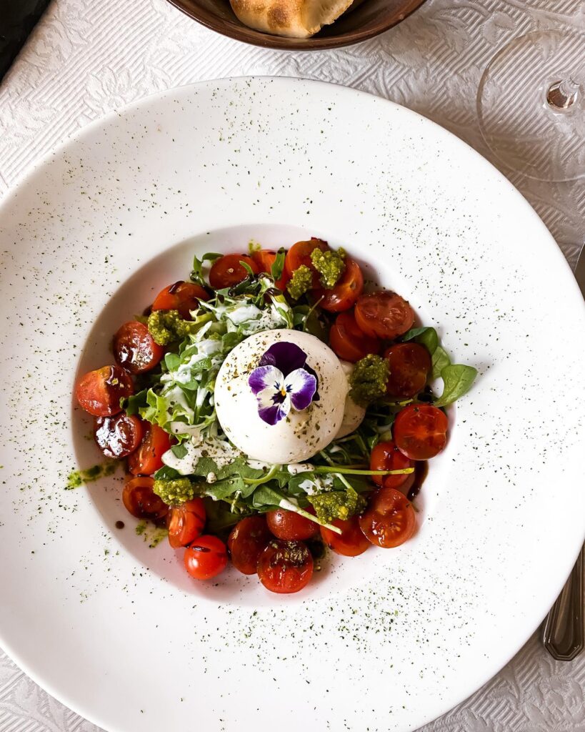 Burrata auf Rucola mit Kirschtomaten, Pesto und essbarer Blüte auf großem weißen Teller – Speisekarte im Landhaus Kainz | frische, saisonale Küche in der Südsteiermark