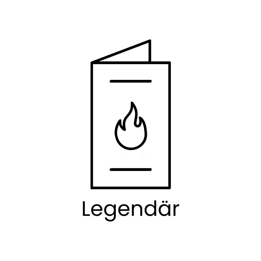 Menükarte mit Flamme und Text darunter: Legendär